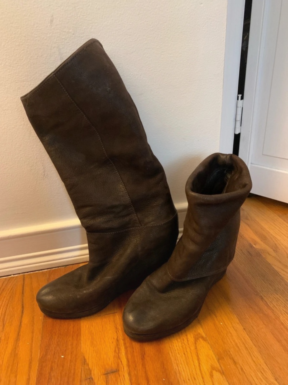 Prada Dark Brown Leather Mid-Calf Wedge Boots